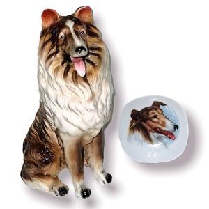 Large Collie Statue & Plate Happy lassie Dog tongue out Vtg Bavaria Germany